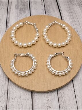 Elegant Pearl Hoop Earrings - Pearl Hoops (Set of 2 Pairs)